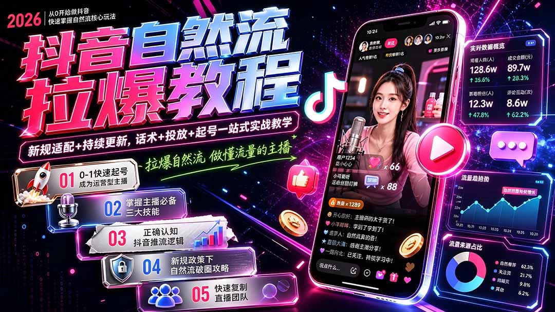 抖音自然流拉爆教程-更新8月:做懂流量的主播,新规适配+持续更新,话术+投放+起号一站式实战教学-创业信息网